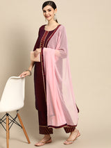 Burgundy Solid Silk Blend Suit Set