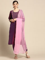 Purple Embroidered Silk Blend Suit Set