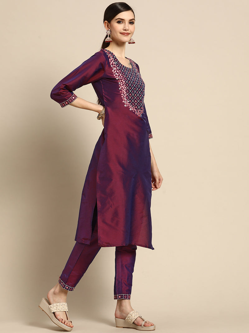 Purple Embroidered Silk Blend Suit Set