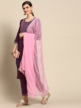 Purple Embroidered Silk Blend Suit Set