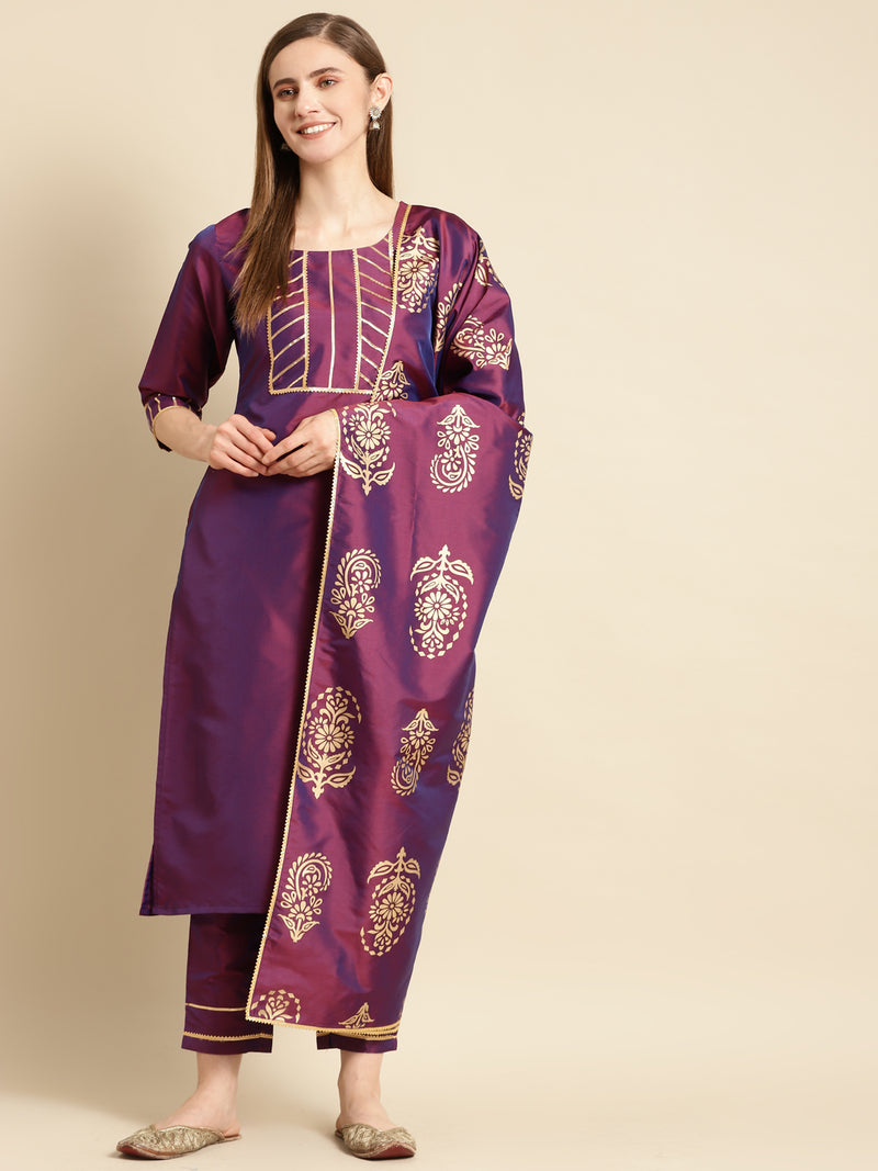 Purple Yoke Design Silk Blend Straight Suit Set