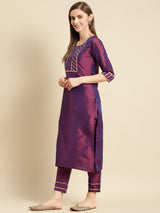 Purple Yoke Design Silk Blend Straight Suit Set