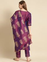 Purple Yoke Design Silk Blend Straight Suit Set