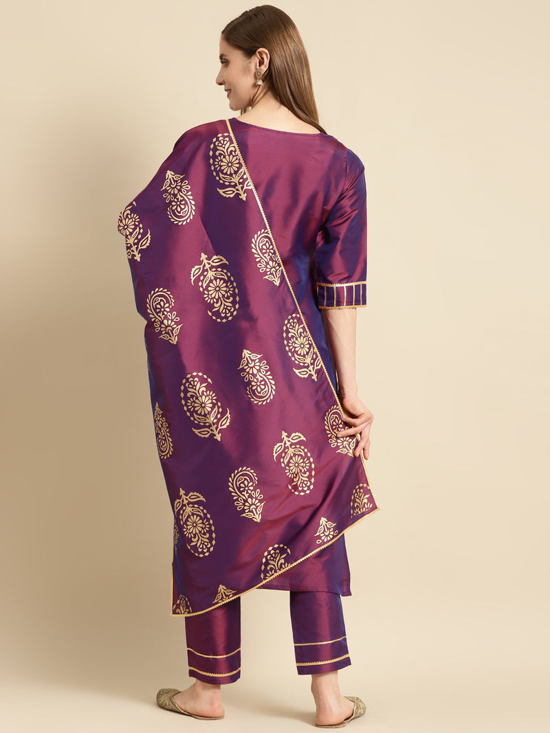 Purple Yoke Design Silk Blend Straight Suit Set