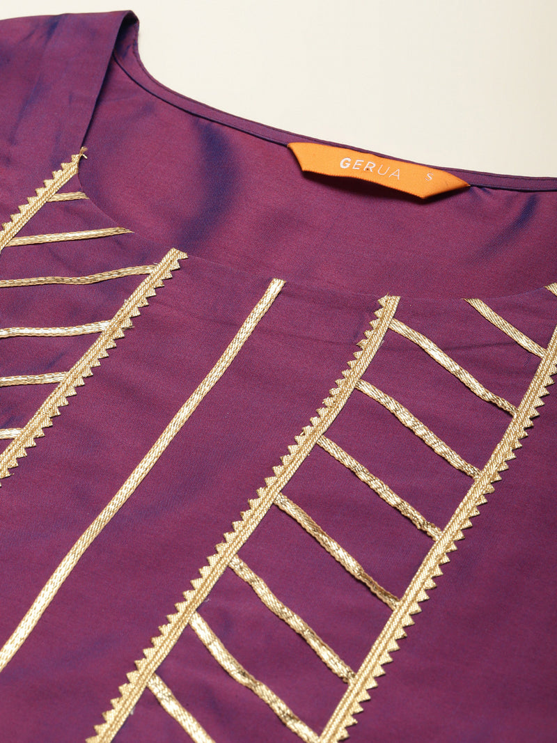 Purple Yoke Design Silk Blend Straight Suit Set