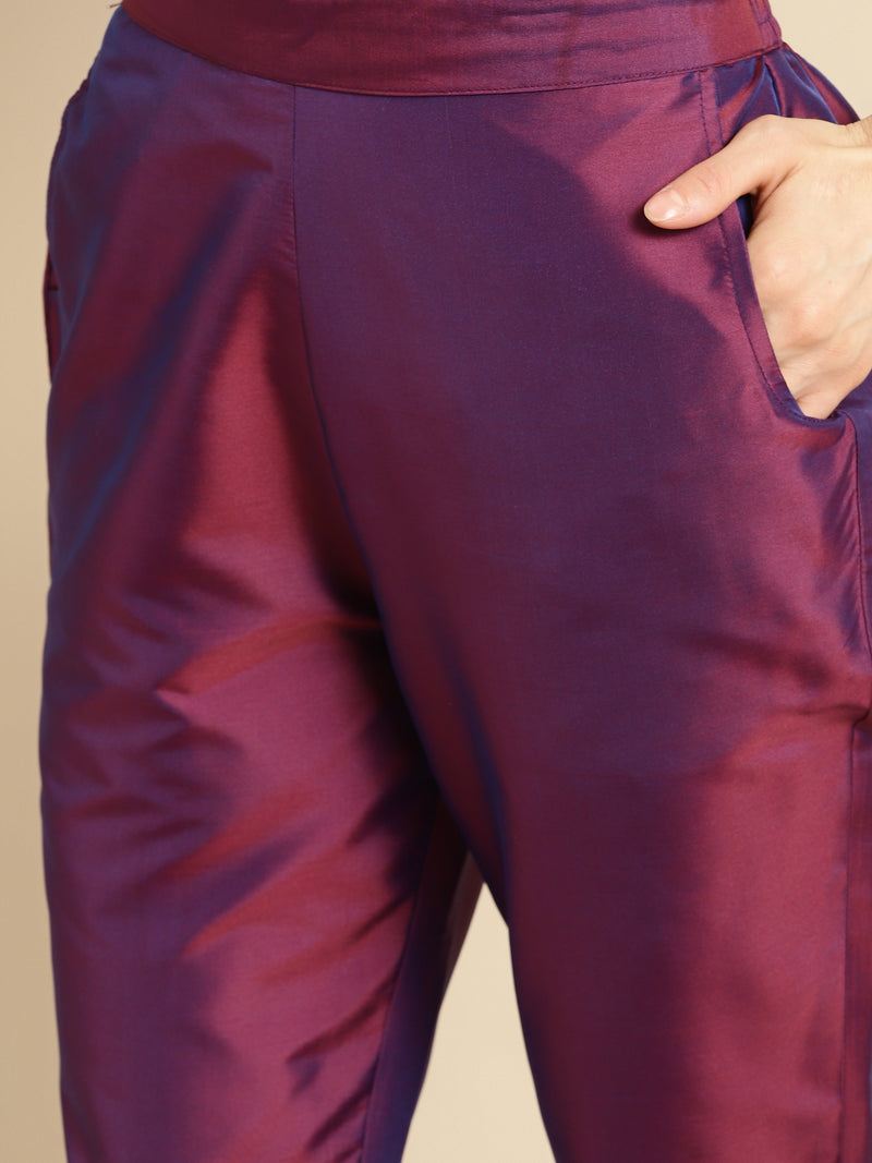 Purple Yoke Design Silk Blend Straight Suit Set