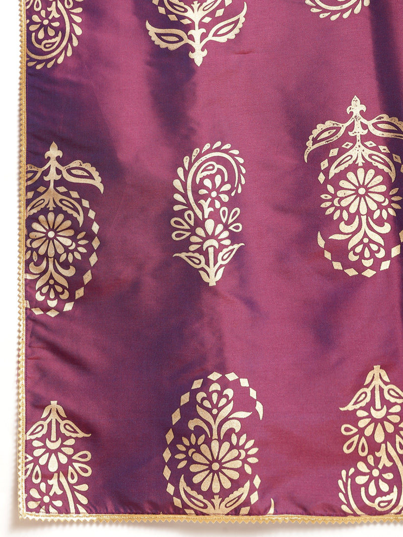 Purple Yoke Design Silk Blend Straight Suit Set