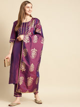 Purple Yoke Design Silk Blend Straight Suit Set