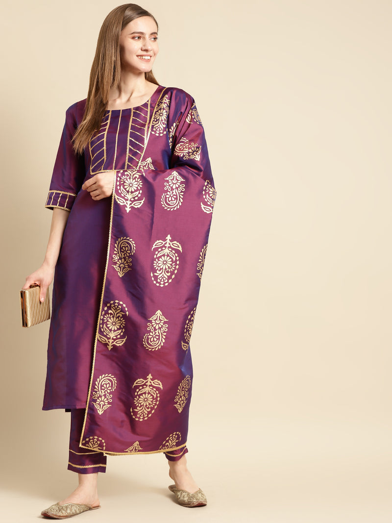 Purple Yoke Design Silk Blend Straight Suit Set