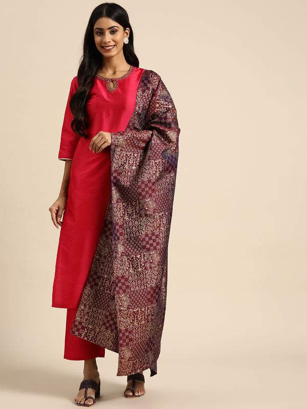 Pink Embroidered Silk Blend Straight Suit Set