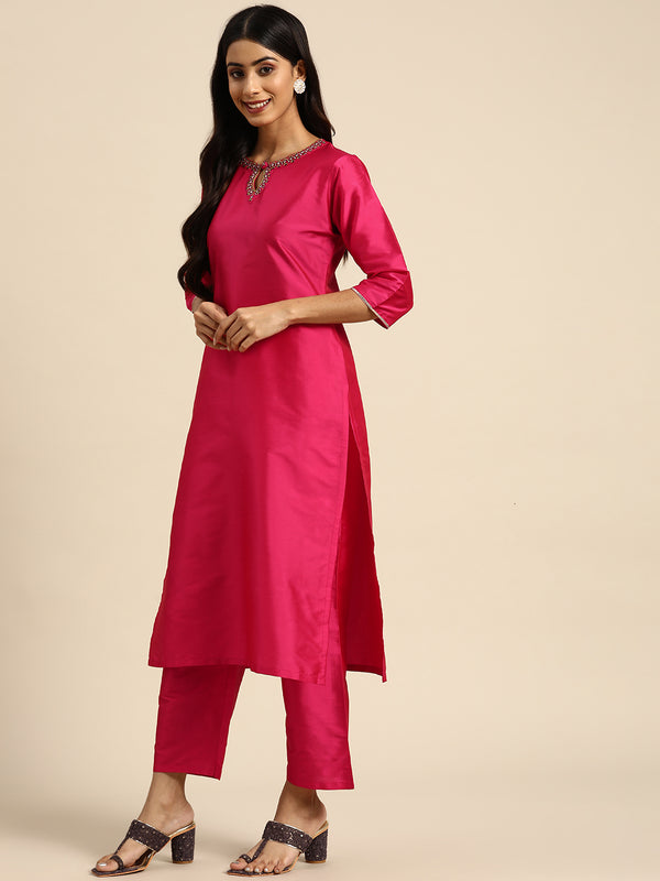 Pink Embroidered Silk Blend Straight Suit Set