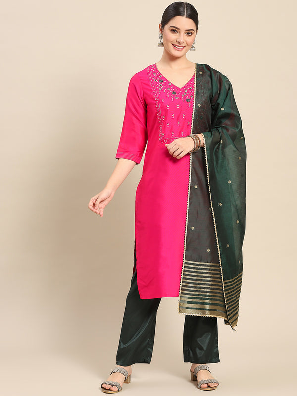 Pink Embroidered Cotton Blend Straight Suit Set