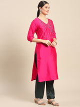 Pink Embroidered Cotton Blend Straight Suit Set