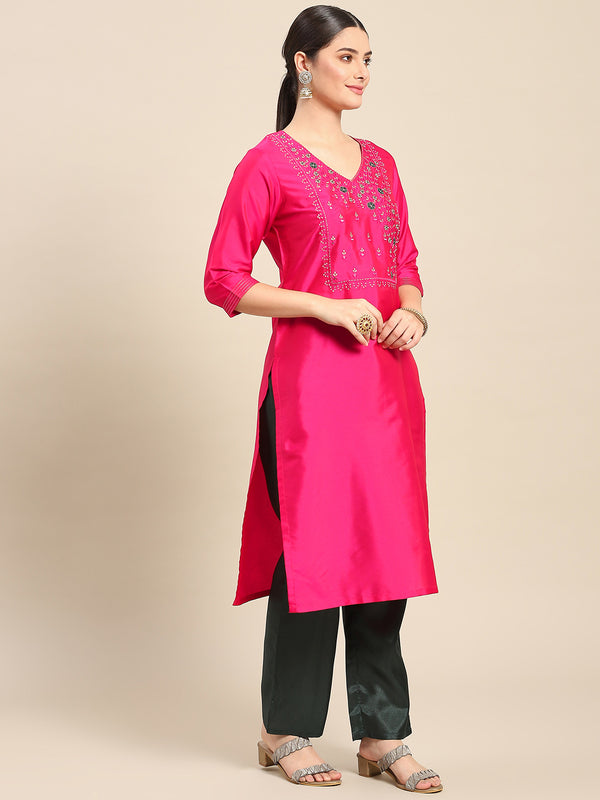 Pink Embroidered Cotton Blend Straight Suit Set