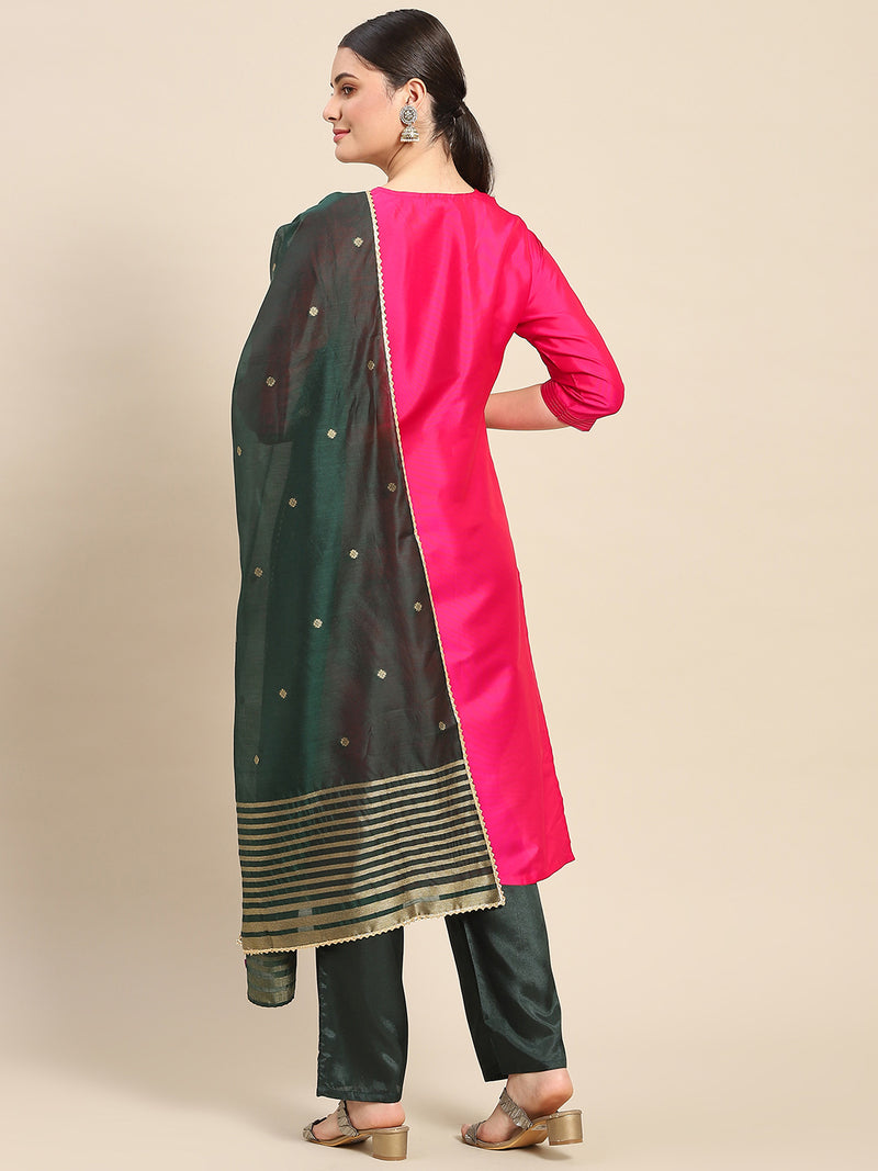 Pink Embroidered Cotton Blend Straight Suit Set
