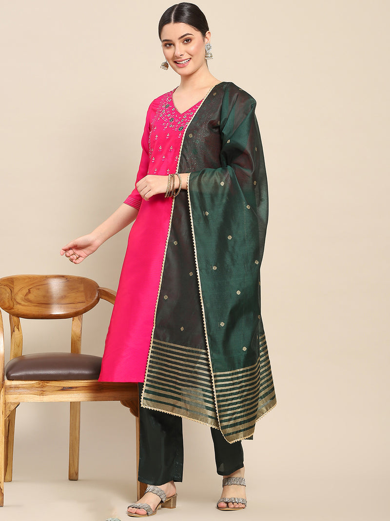 Pink Embroidered Cotton Blend Straight Suit Set