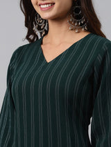 Green Striped Cotton Blend Kurta Set