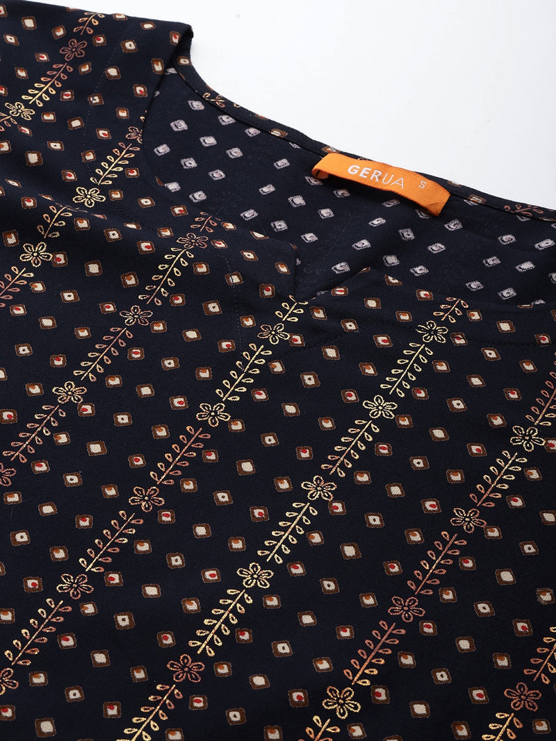 Navy Blue Printed Viscose Rayon Kurta