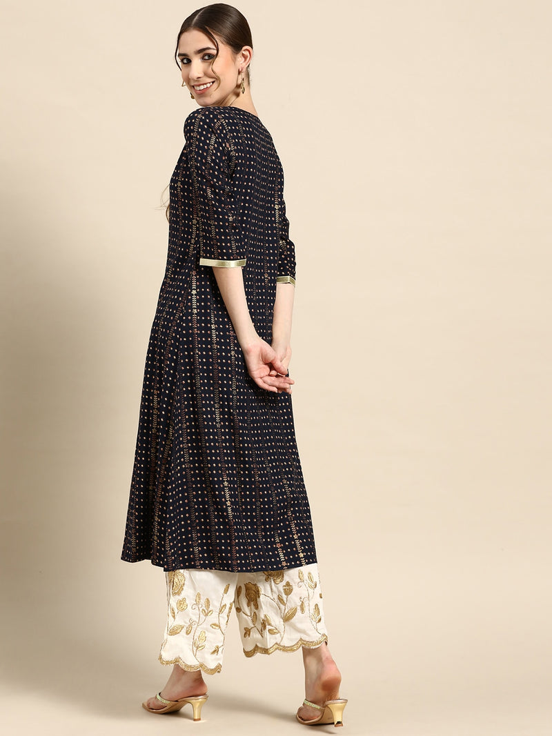 Navy Blue Printed Viscose Rayon Kurta