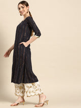 Navy Blue Printed Viscose Rayon Kurta