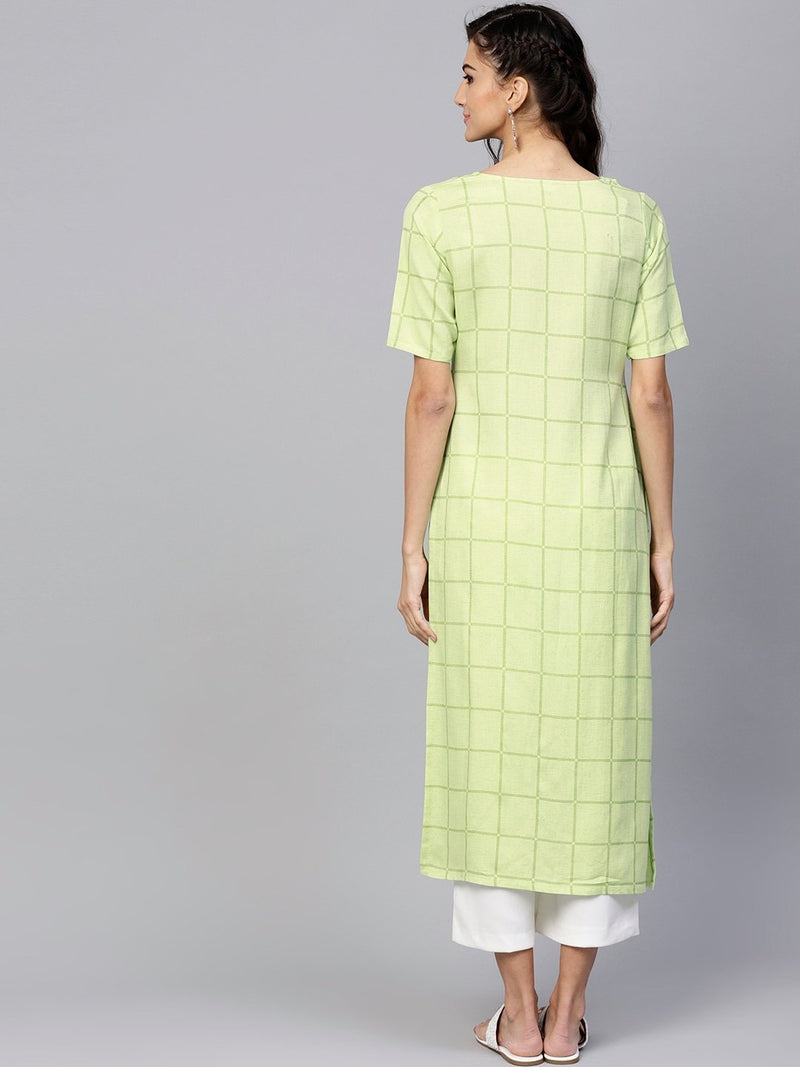 Green Checkered Rayon Kurta