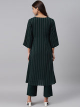 Green Striped Cotton Blend Kurta Set
