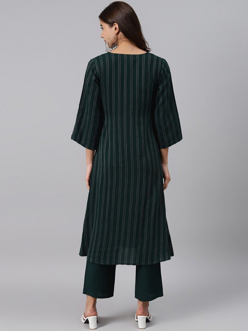 Green Striped Cotton Blend Kurta Set