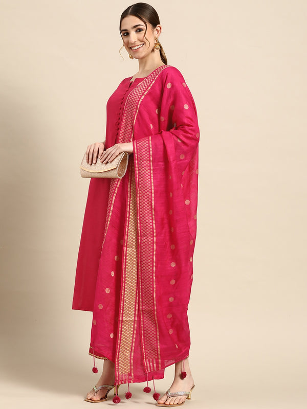 Pink Solid Cotton Blend Suit Set