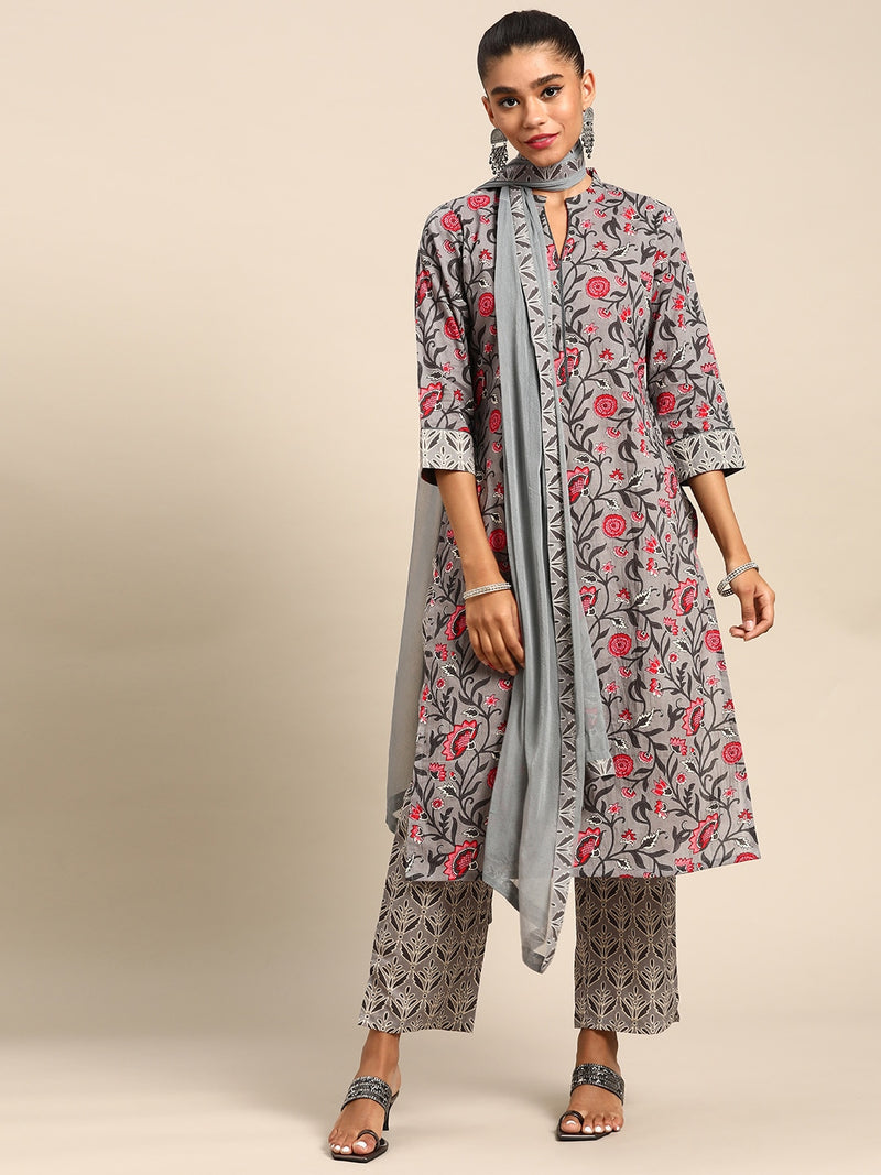White Printed Cotton Suit Set