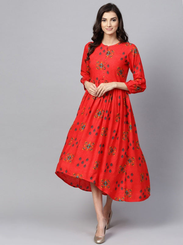 Red Rayon Printed Fit And Flared High Low Maxi Dress