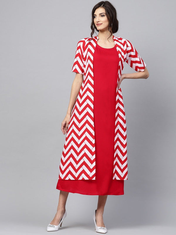 Red And White Rayon Printed Aline Layered Maxi Dress