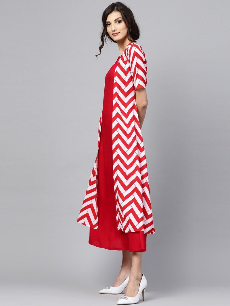 Red And White Rayon Printed Aline Layered Maxi Dress