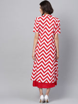 Red And White Rayon Printed Aline Layered Maxi Dress