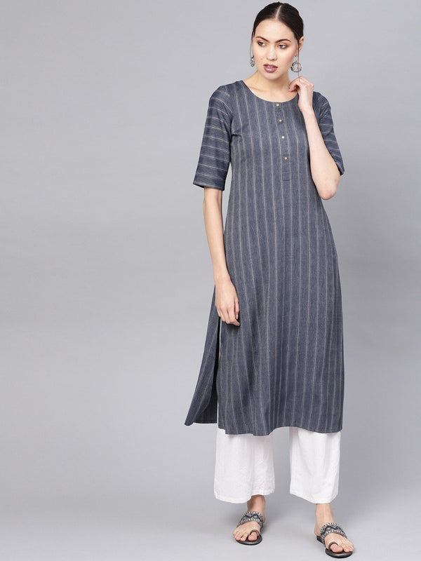 Blue Rayon Self Striped Aline Kurta