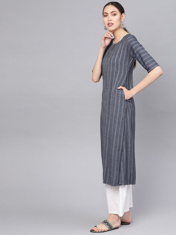 Blue Rayon Self Striped Aline Kurta