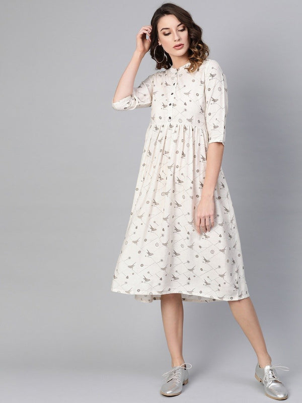 White Cotton Printed Fit And Flared Maxi Dress
