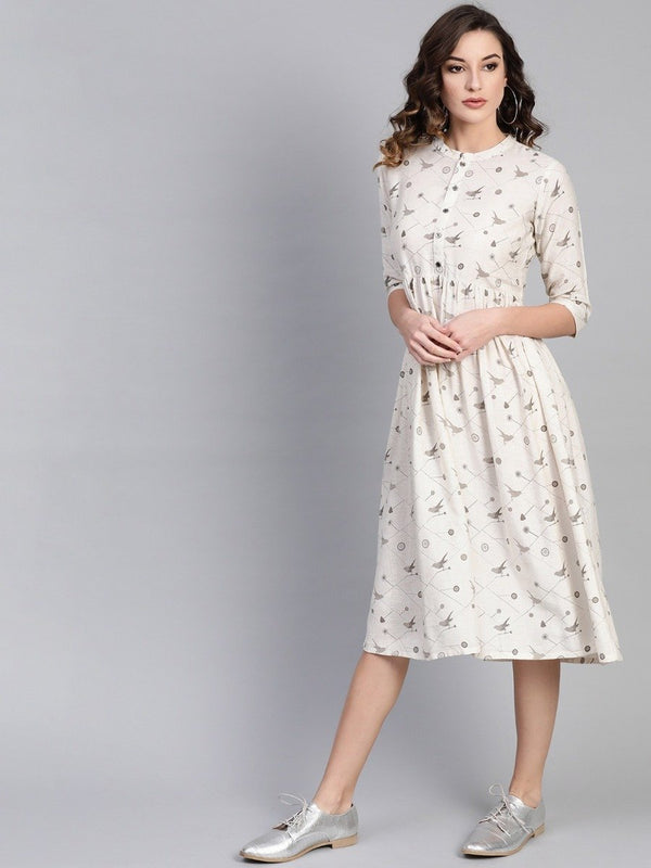 White Cotton Printed Fit And Flared Maxi Dress