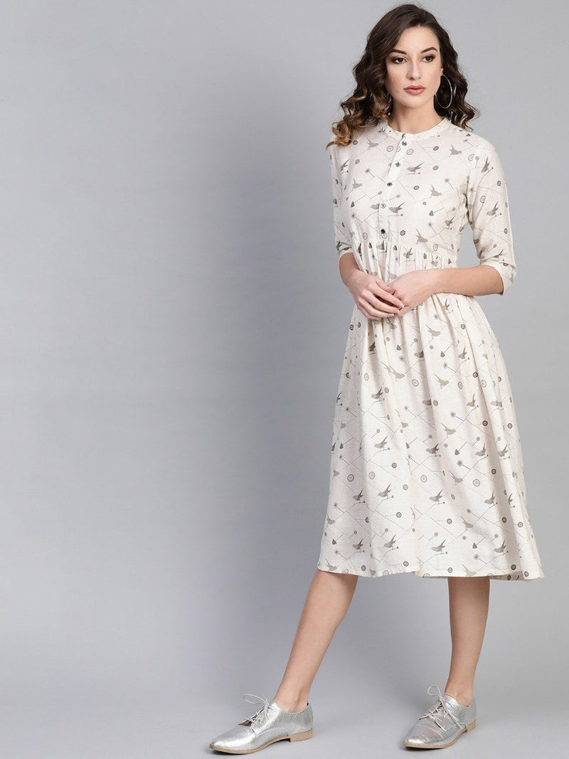 White Cotton Printed Fit And Flared Maxi Dress