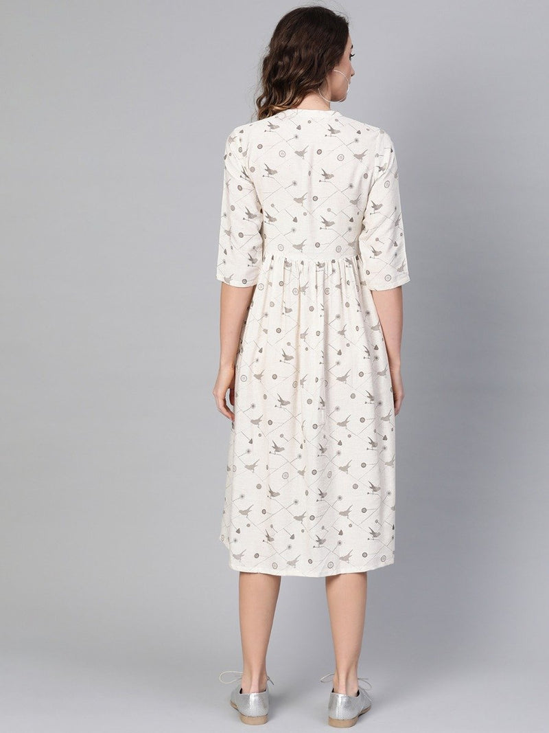 White Cotton Printed Fit And Flared Maxi Dress