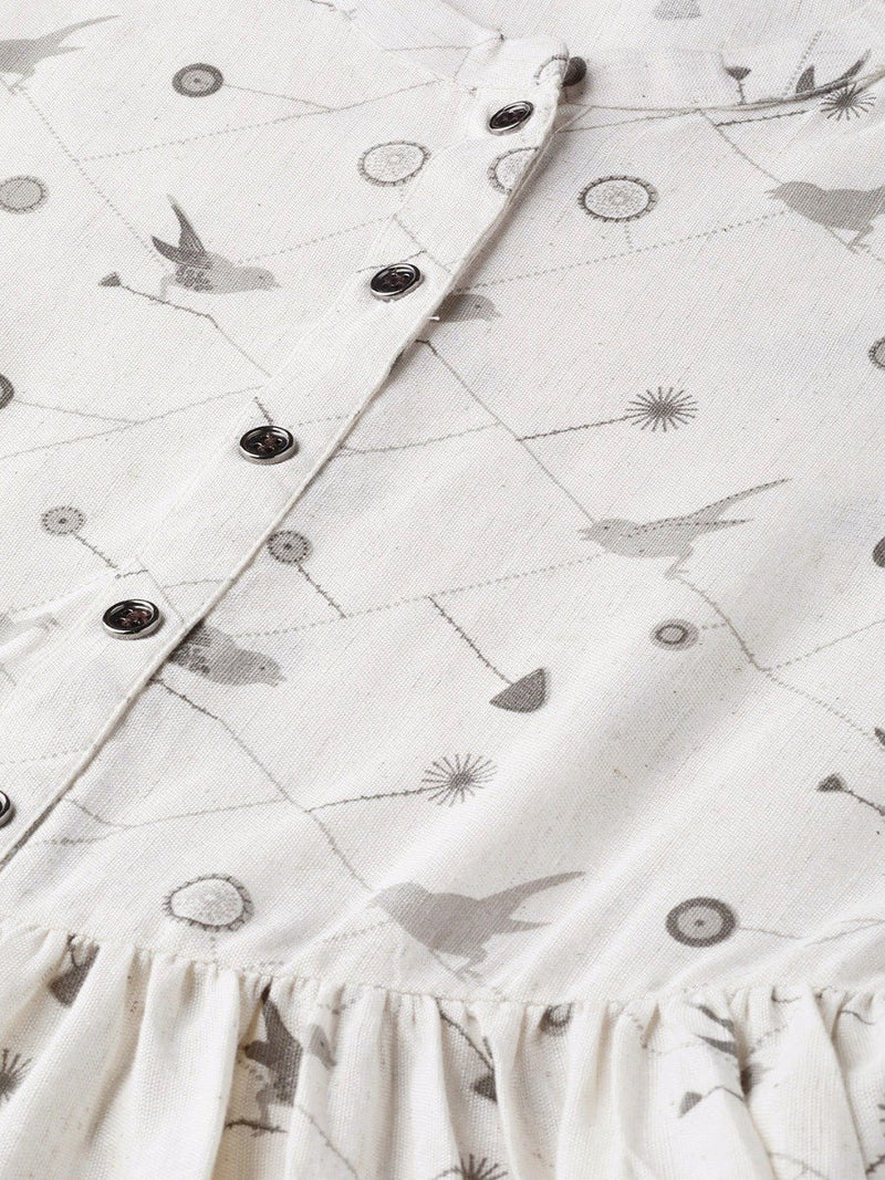 White Cotton Printed Fit And Flared Maxi Dress