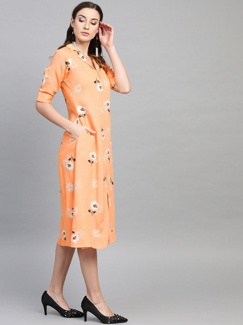 Orange Rayon Printed A-Line Maxi Dress With Both Side Pocket