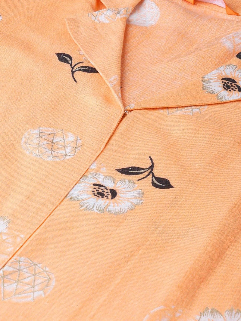 Orange Rayon Printed A-Line Maxi Dress With Both Side Pocket