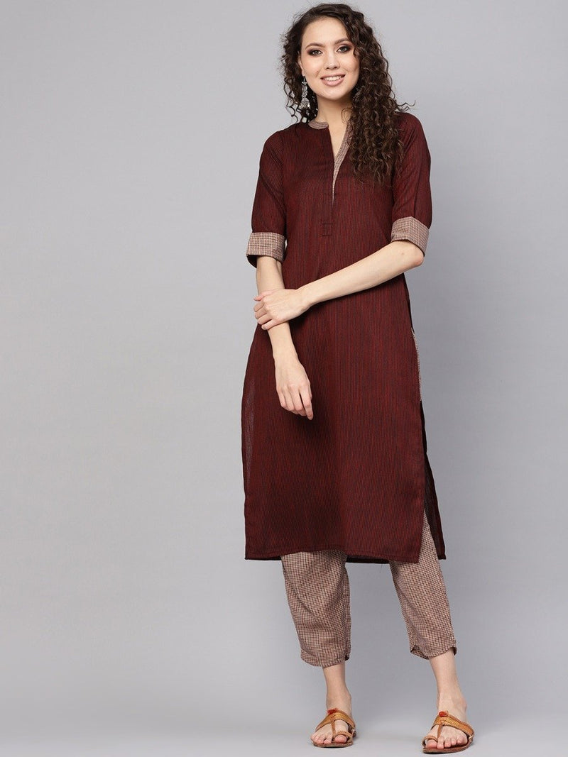 Brown Rayon Striped Straight Kurta With Beige Rayon Checkered Trouser With Both Side Pocket