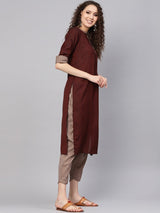 Brown Rayon Striped Straight Kurta With Beige Rayon Checkered Trouser With Both Side Pocket