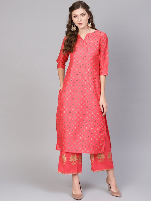 Pink Chanderi Block Printed Kurta With Chanderi Pocket Palazzo