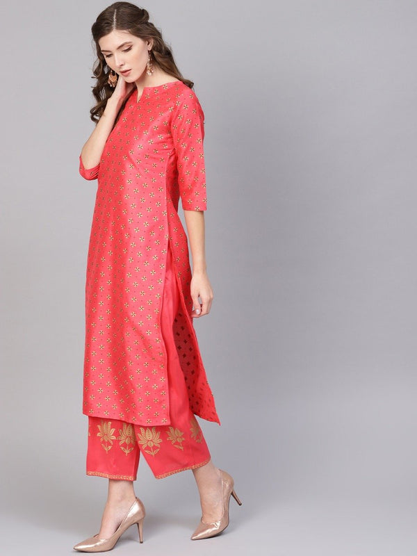 Pink Chanderi Block Printed Kurta With Chanderi Pocket Palazzo