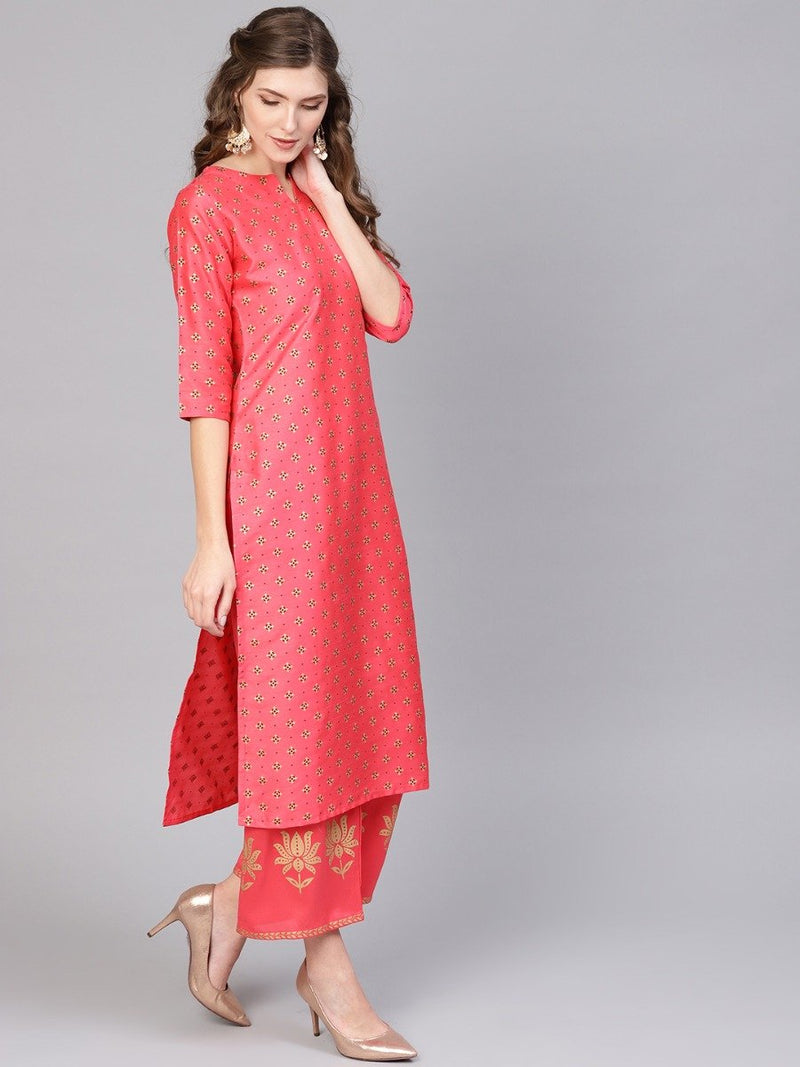 Pink Chanderi Block Printed Kurta With Chanderi Pocket Palazzo