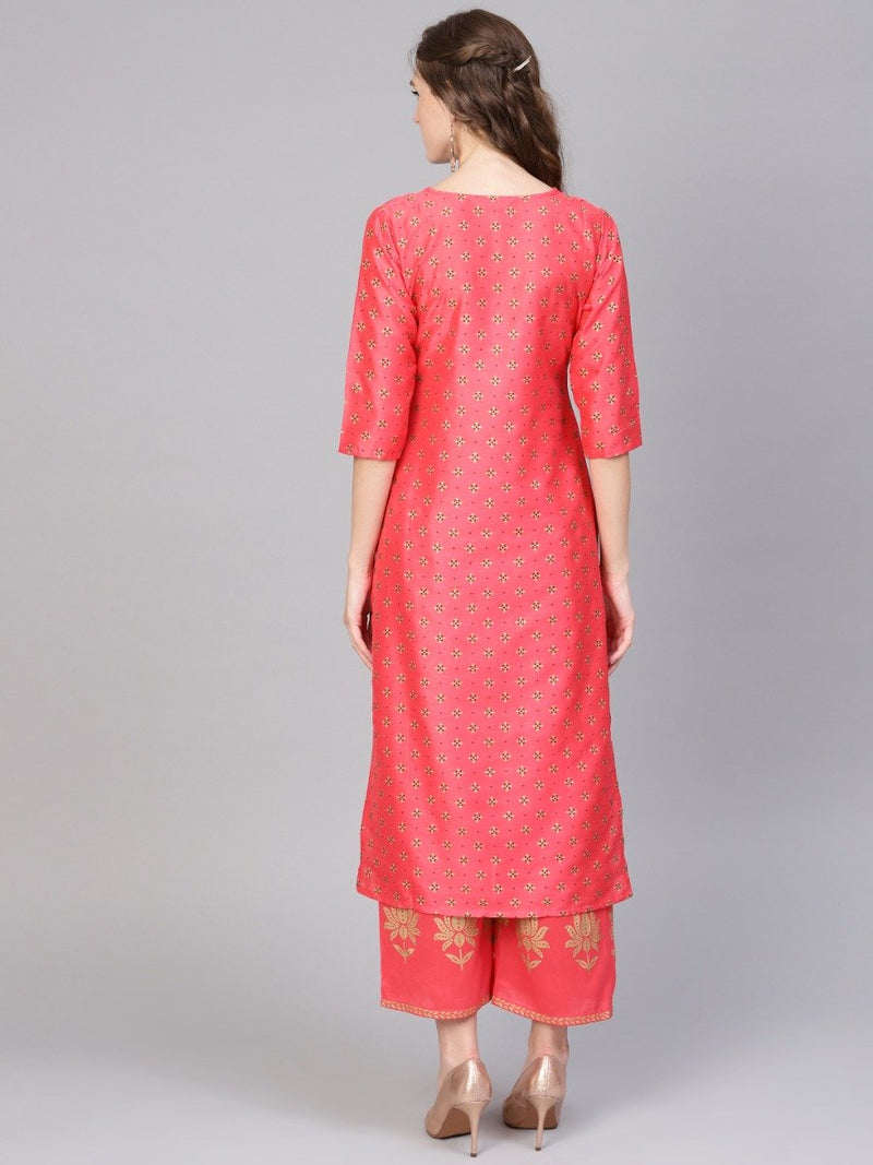 Pink Chanderi Block Printed Kurta With Chanderi Pocket Palazzo