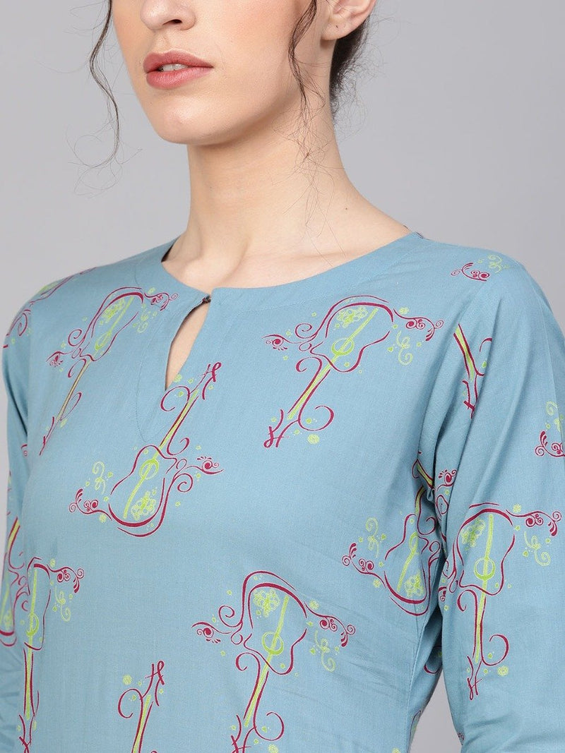 Blue Cotton Printed Straight Kurta With Blue Printed Palazzo