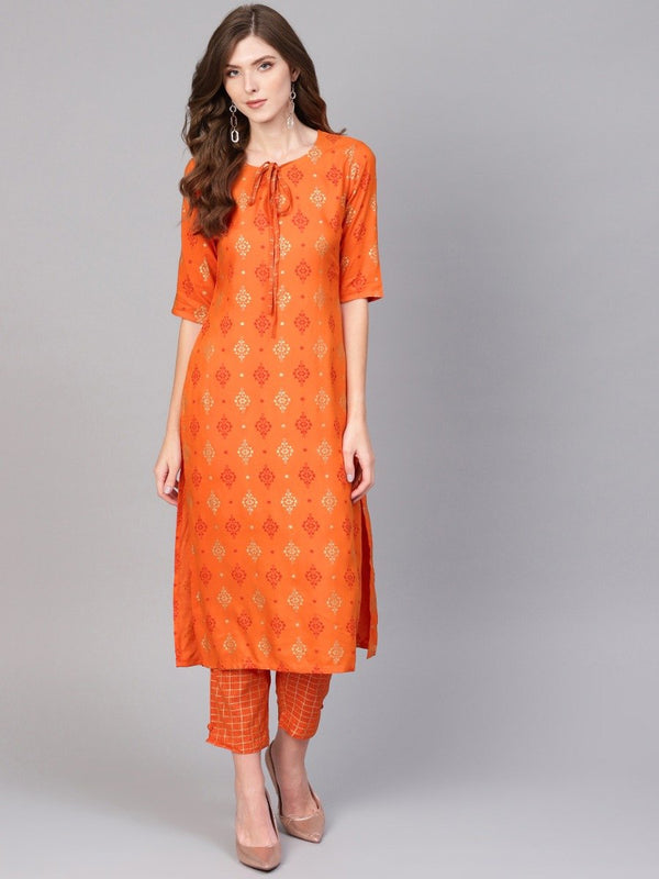 Orange Rayon Block Printed Kurta With Orange Block Printed Trouser